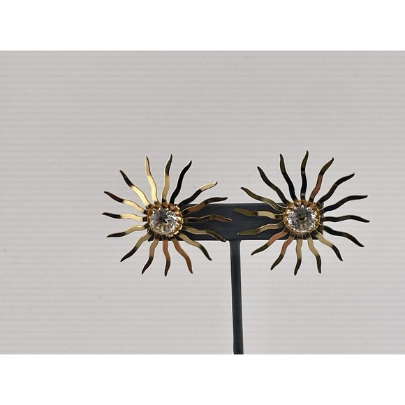 Vintage Sarah Coventry Earrings Atomic Starburst Sun Gold Tone 60s Clip On - Picture 2 of 7